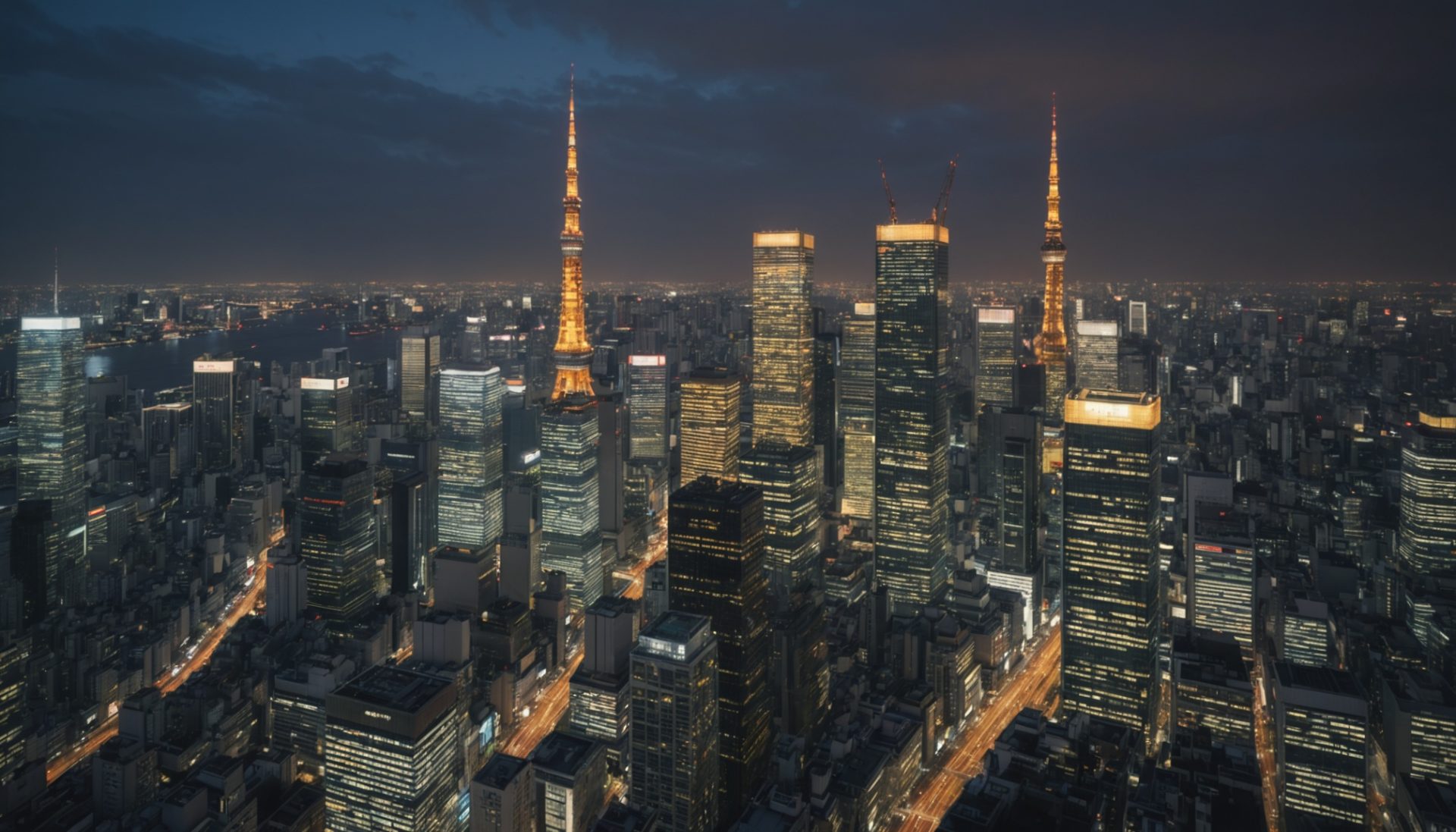 Quartier financier de Tokyo au crepuscule avec reseaux numeriques lumineux et pieces dorees symbolisant les cryptomonnaies