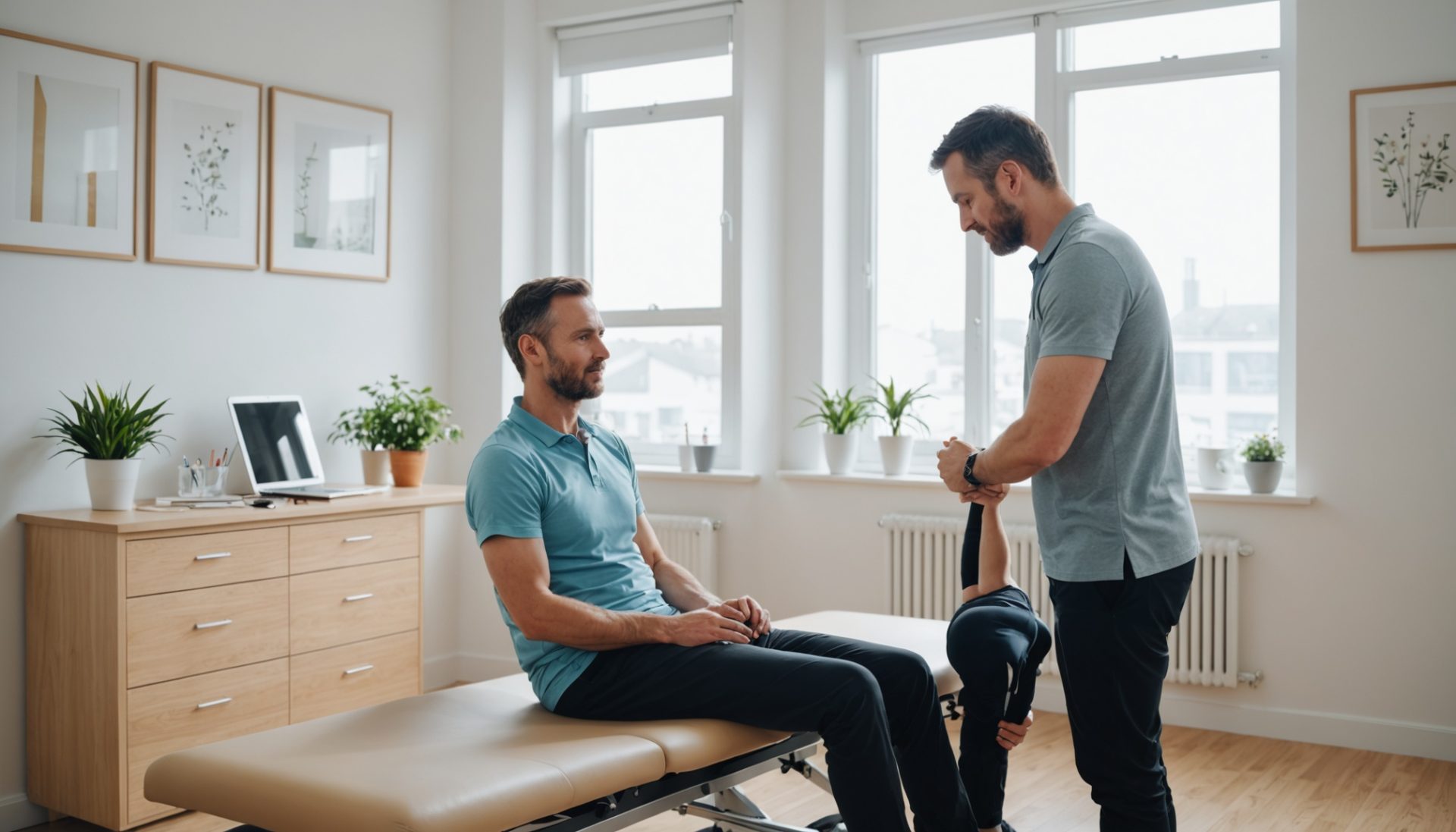 Kinésithérapeute réalisant un bilan de prévention avec un patient