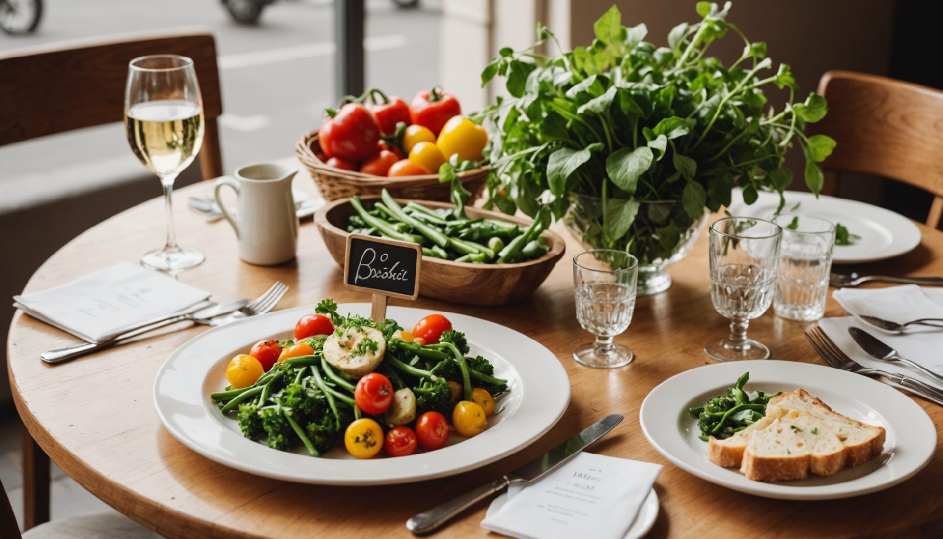 Table de restaurant mettant en avant des produits locaux et de saison, symbole de la restauration écoresponsable