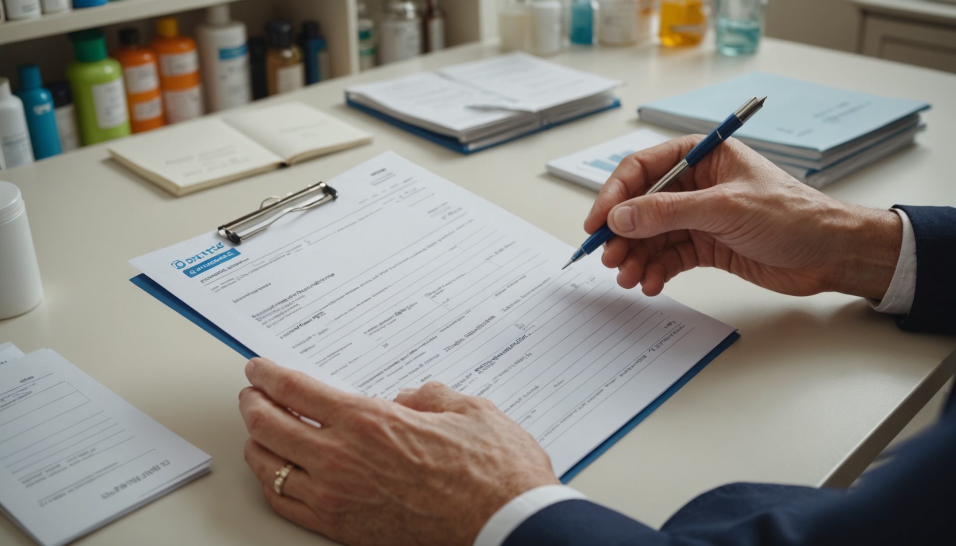 Personne consultant une ordonnance et des documents de mutuelle santé