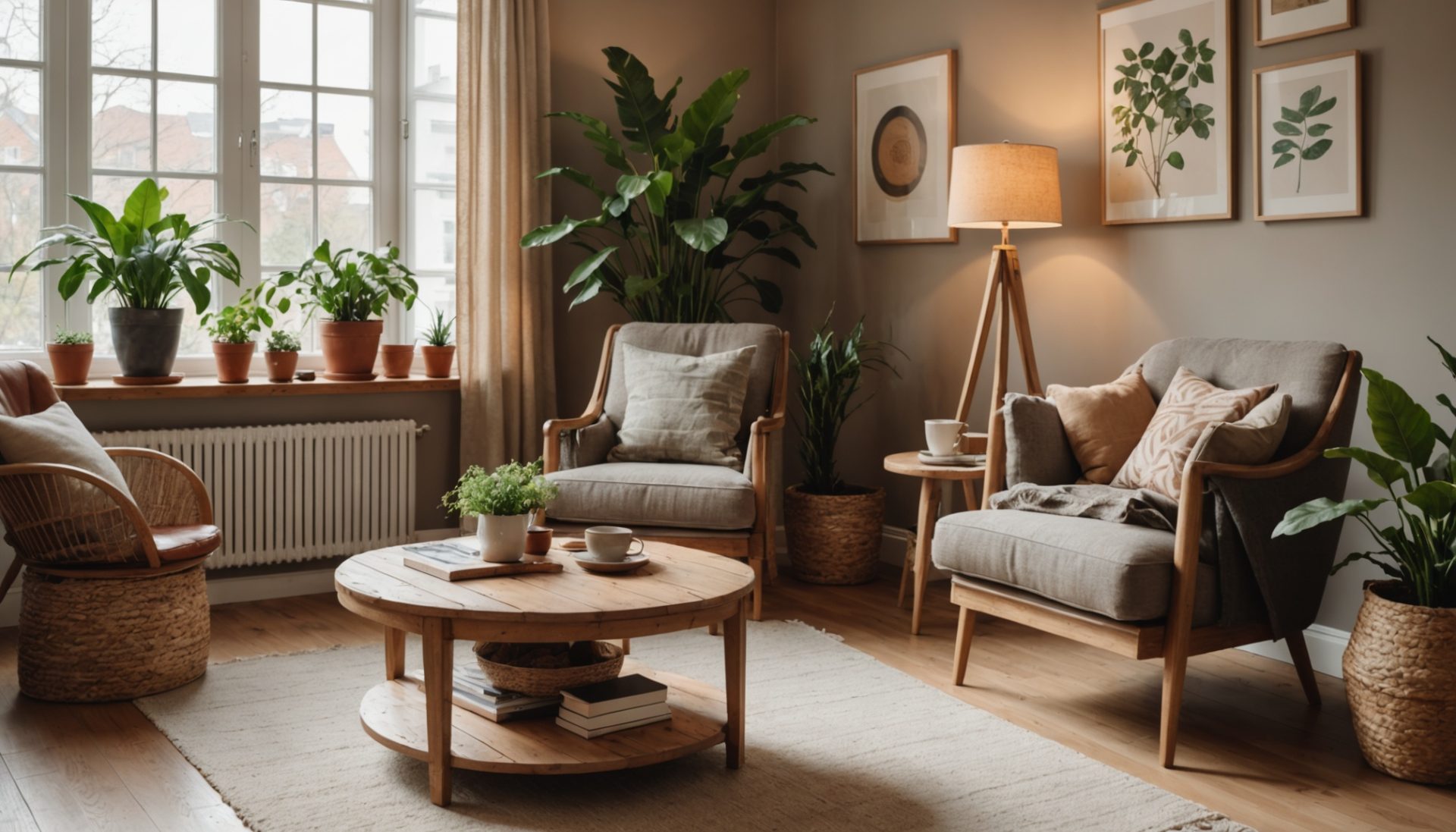 Salon avec mobilier reconditionné et matériaux naturels