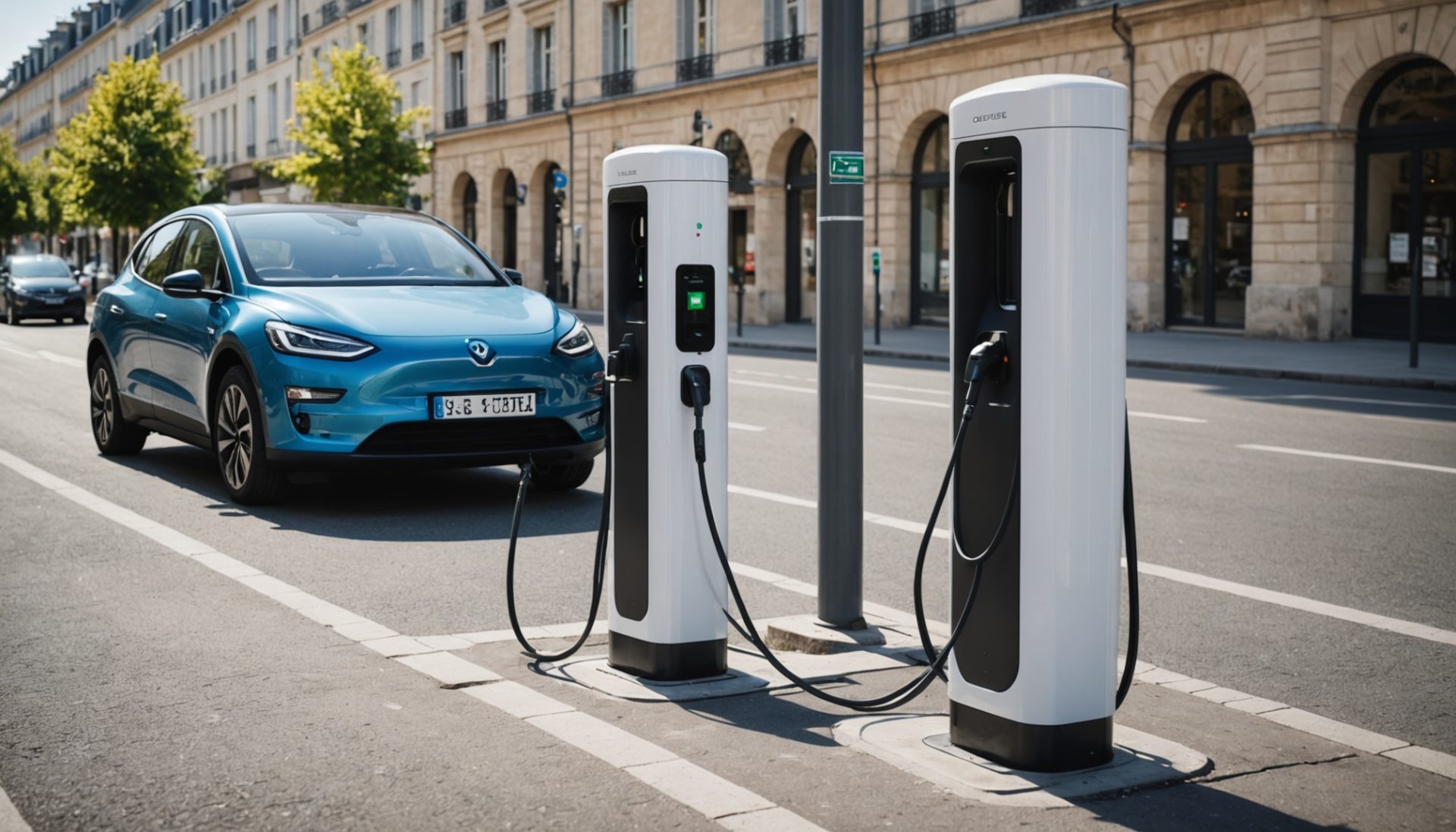 Voiture électrique en charge sur une borne de recharge publique en ville