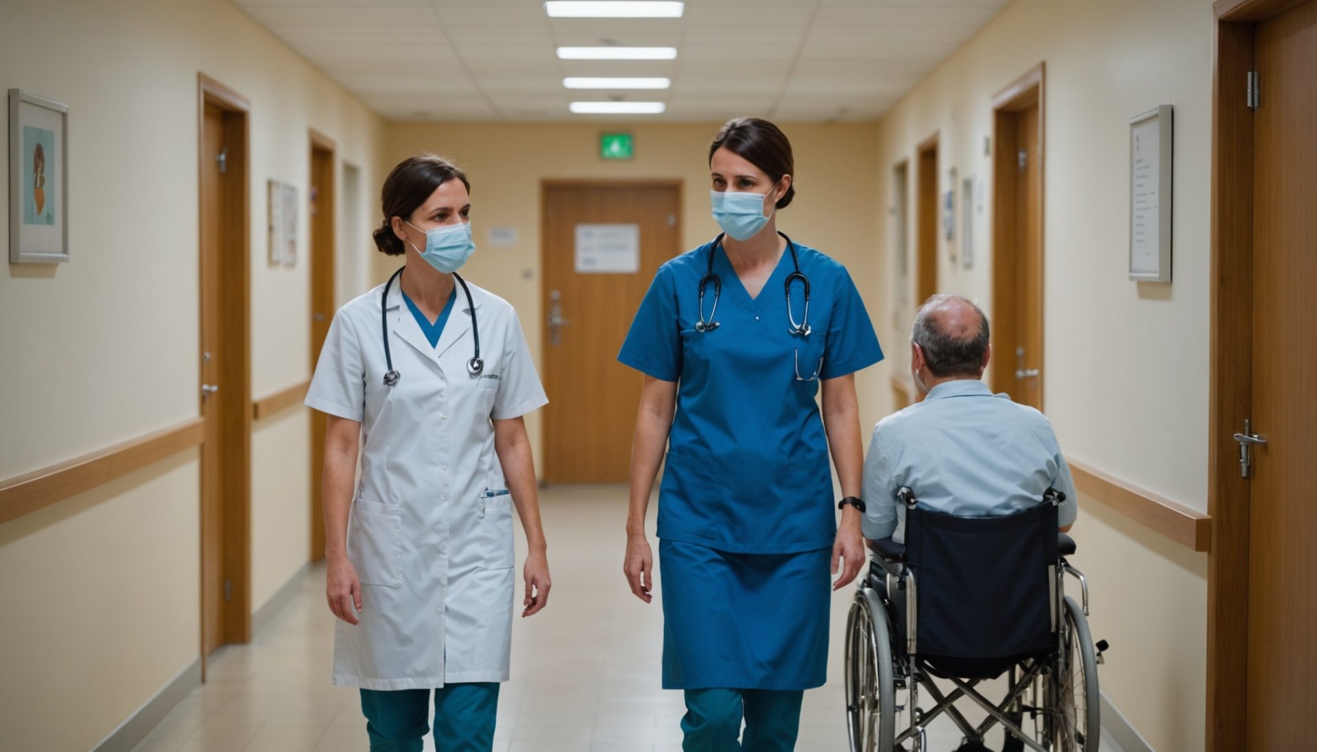 Infirmière consultant un patient dans un couloir d'hôpital moderne en France
