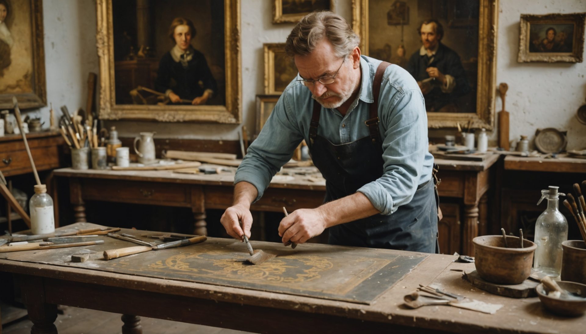 Restaurateur d'art retouchant un tableau ancien dans un atelier lumineux