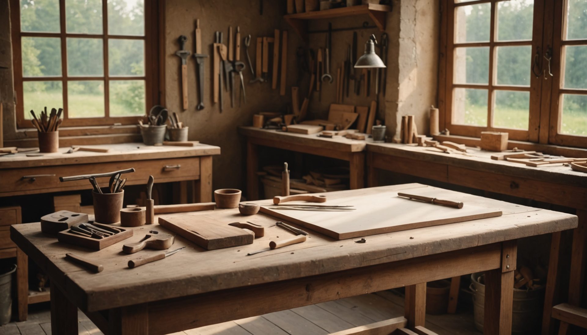 Établi d'artisan en bois éclairé par la lumière naturelle, symbole de la transmission des savoir-faire artisanaux
