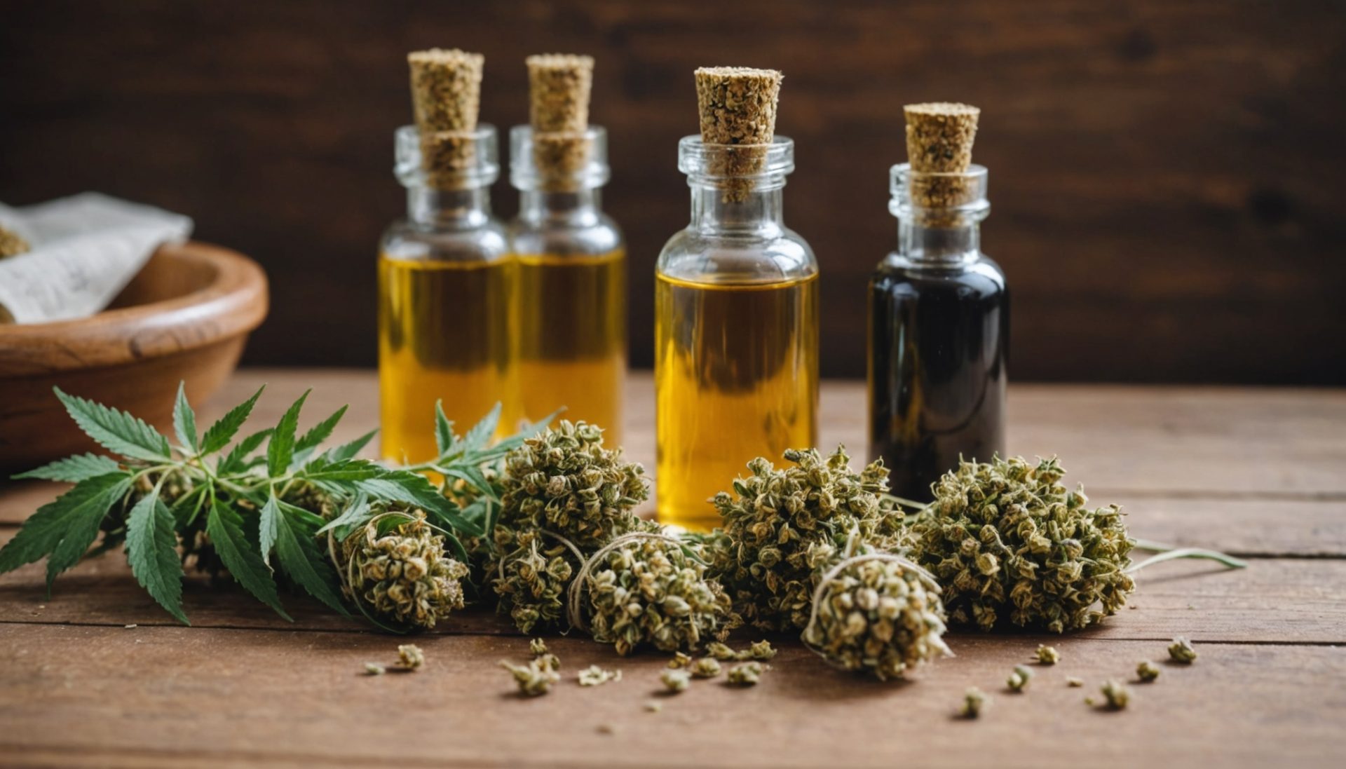 Flacons d'huile de CBD et fleurs de chanvre séchées sur une table en bois