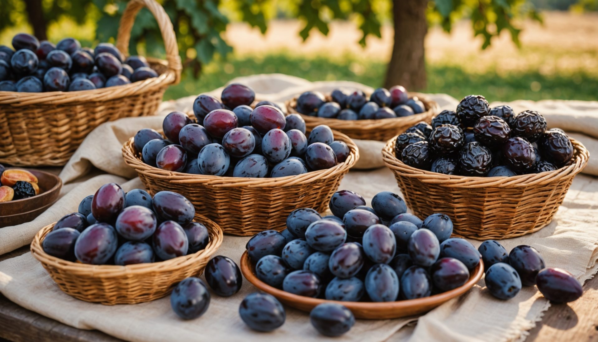 Table rustique avec pruneaux et prunes fraîches, ambiance festival gastronomique d'été dans le Sud-Ouest