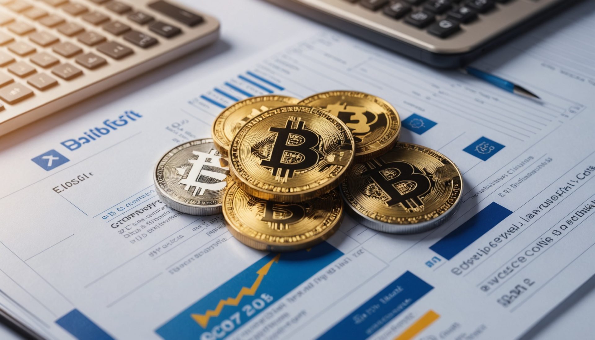 Pieces de cryptomonnaies avec documents fiscaux et symboles euro sur un bureau
