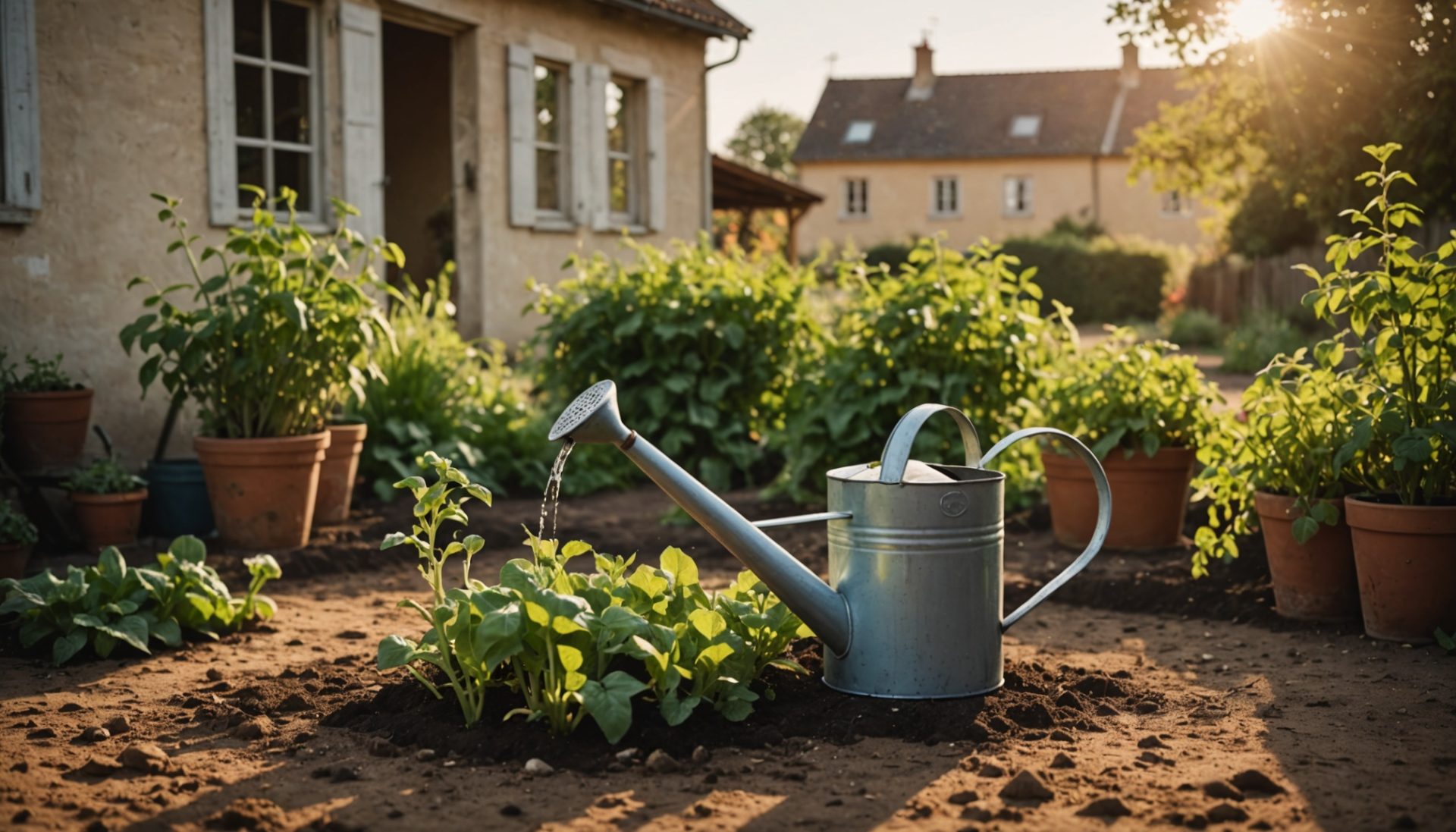 Arrosoir utilisé pour arroser un potager en soirée pendant une période de restriction d'eau