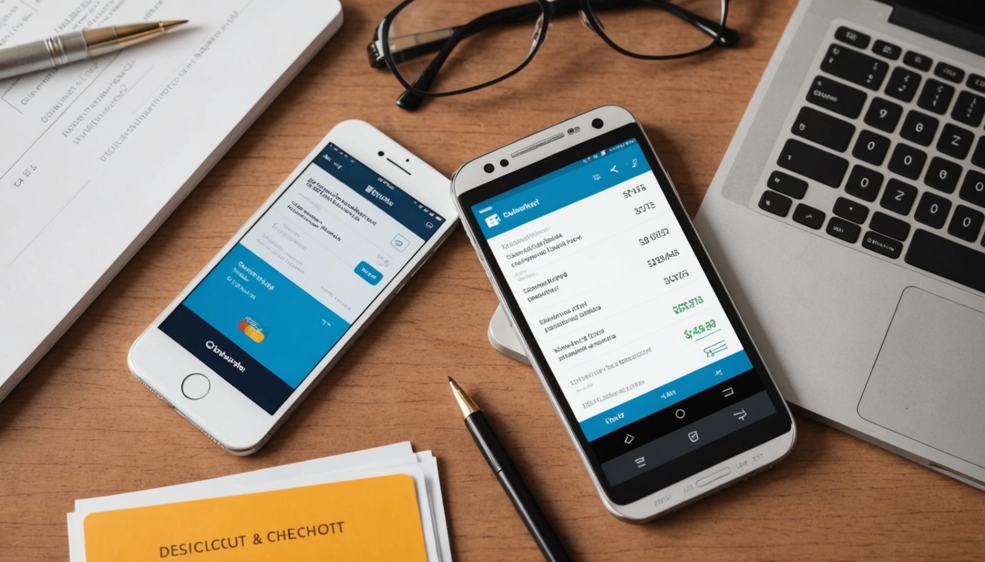 Smartphone affichant un paiement en plusieurs fois à côté de documents juridiques et d'une carte bancaire