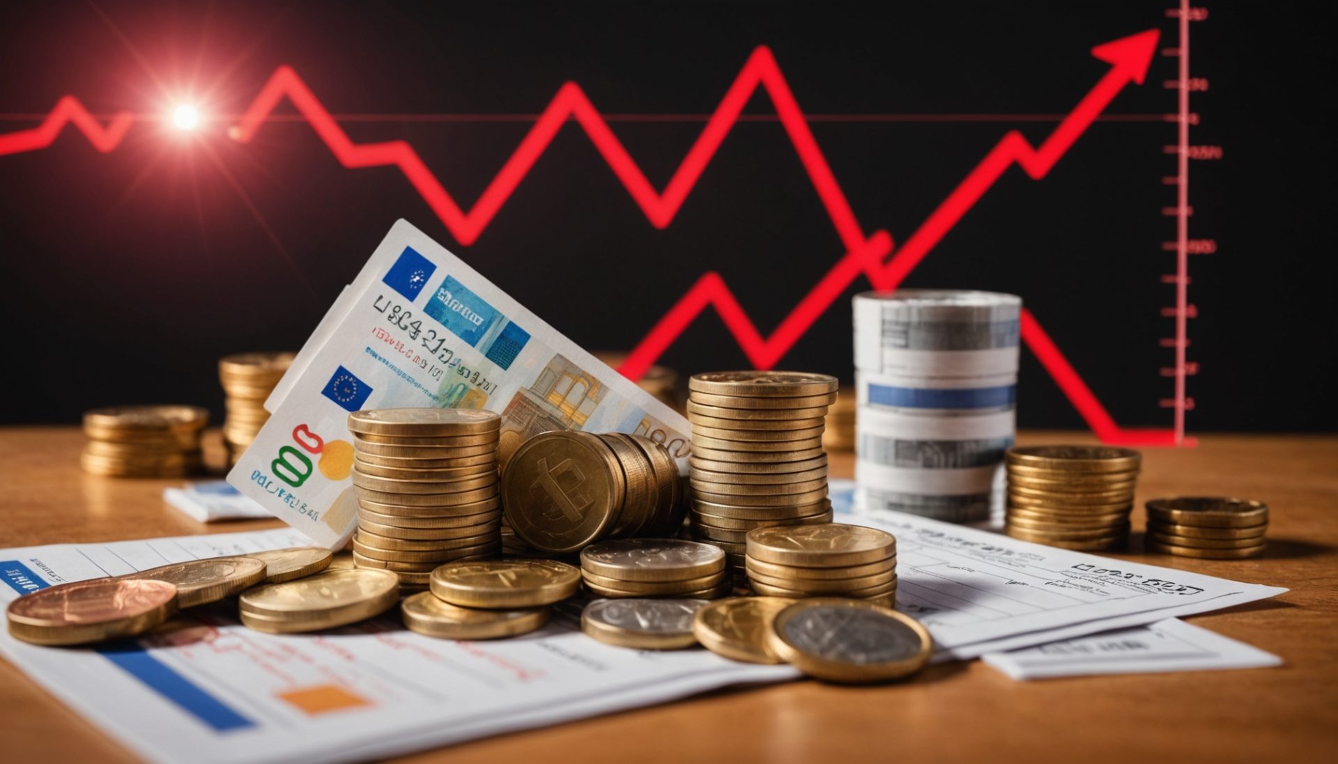 Illustration conceptuelle de l'inflation en France avec billets et pièces en euros et courbe de prix en hausse