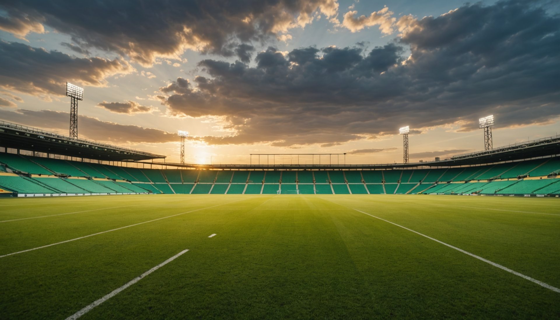 Stade de football vide baigné de lumière au coucher du soleil, illustration de la reprise de la Ligue 1