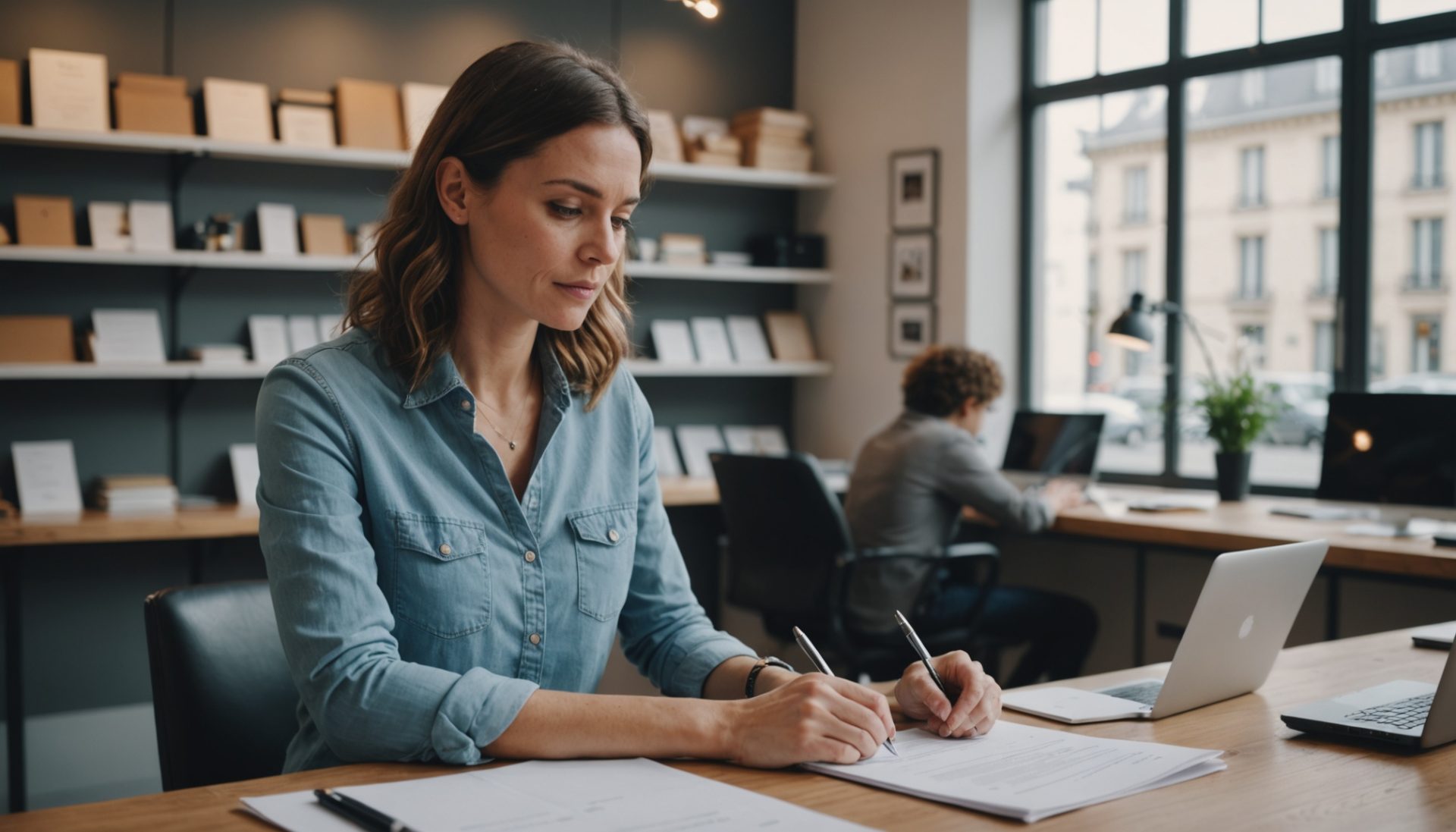 Dirigeant de TPE-PME examinant ses papiers et son ordinateur portable, illustrant la loi de simplification de la vie économique