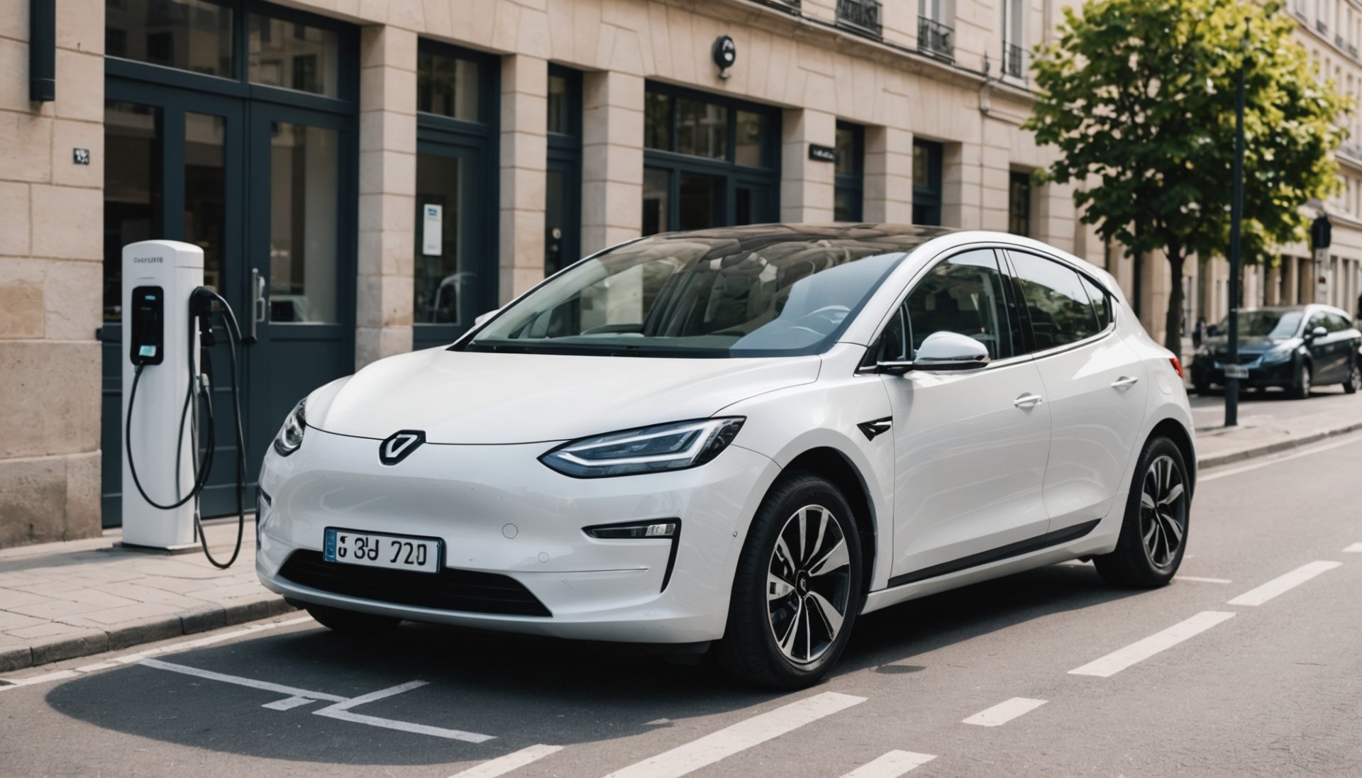 Voiture électrique neuve branchée sur une borne de recharge urbaine