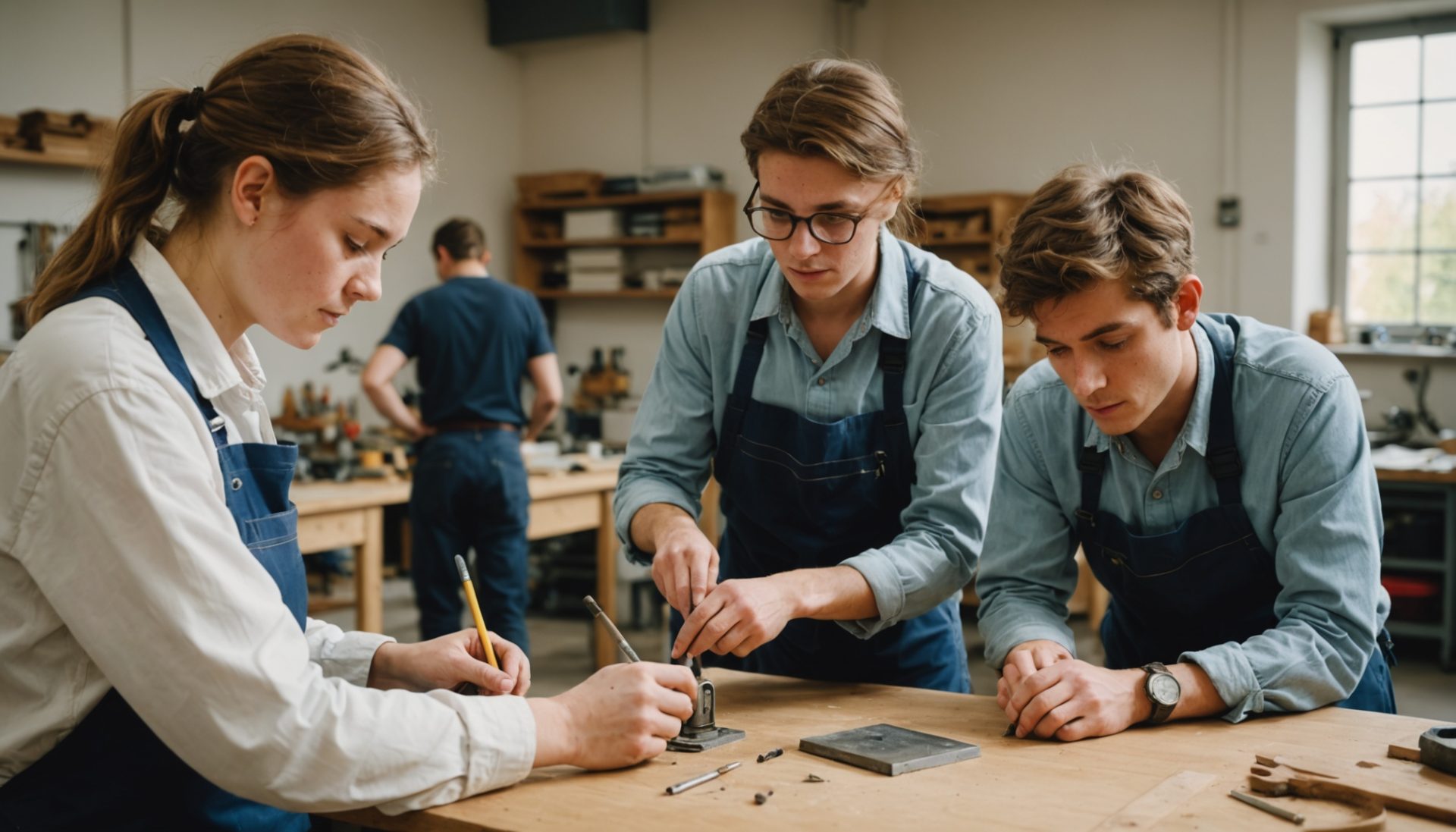 Apprentis et formateur dans un atelier de formation professionnelle