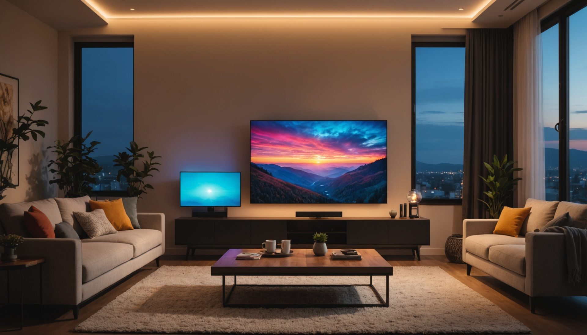 Télévision affichant une interface de streaming dans un salon moderne le soir