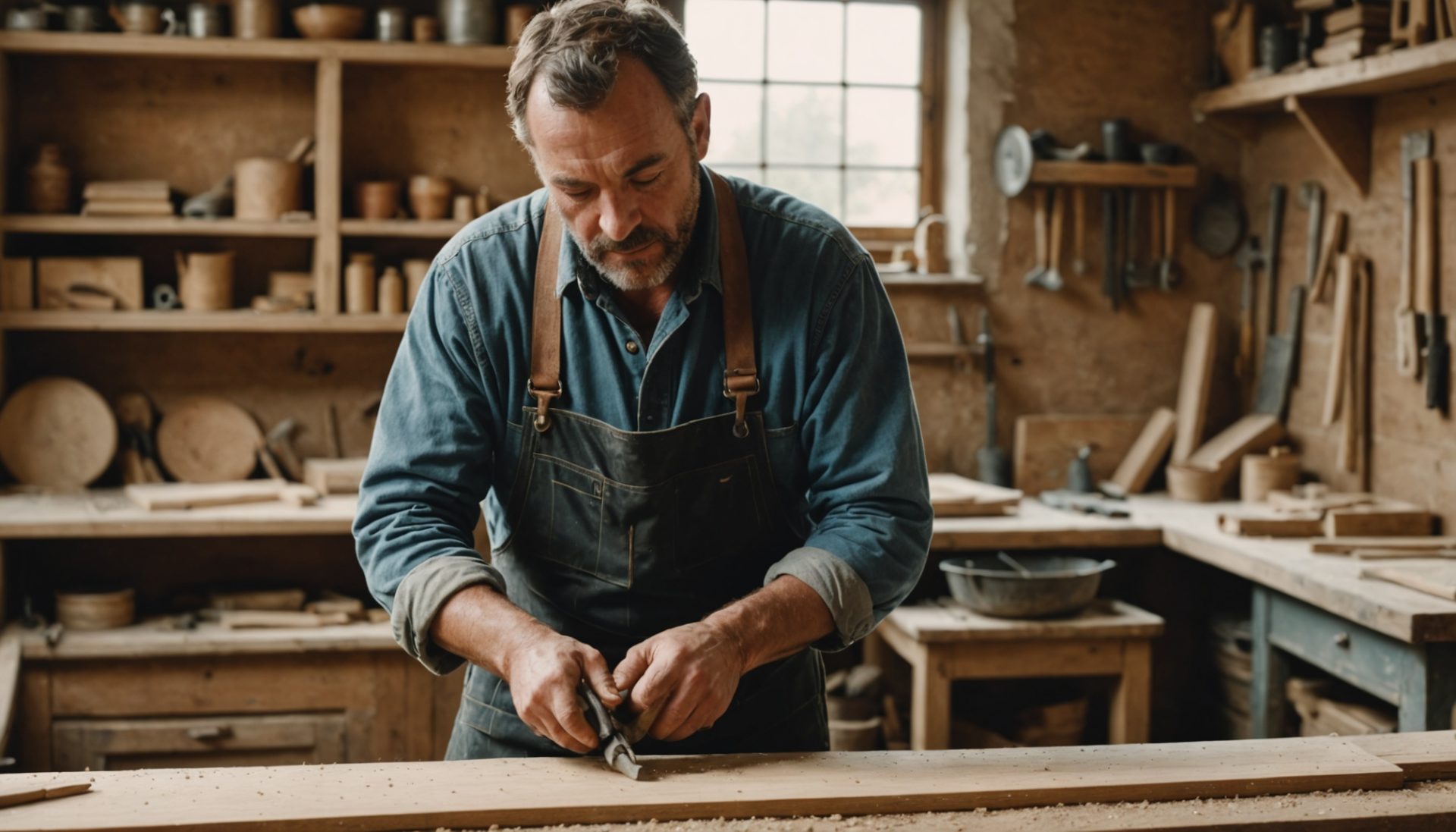 Artisan francais travaillant le bois dans un atelier traditionnel