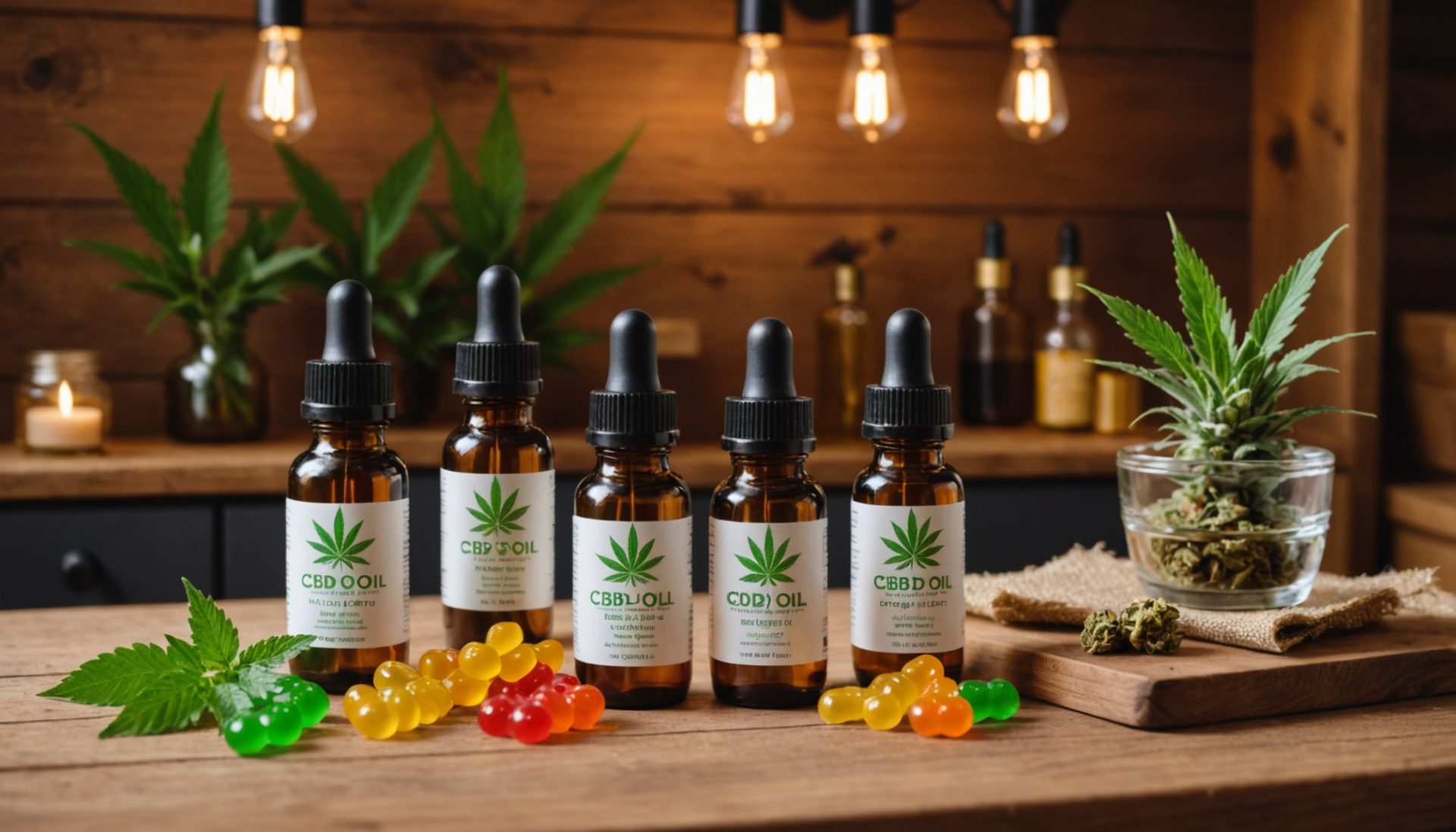Produits alimentaires au CBD, huiles et gummies, présentés sur un comptoir de boutique spécialisée