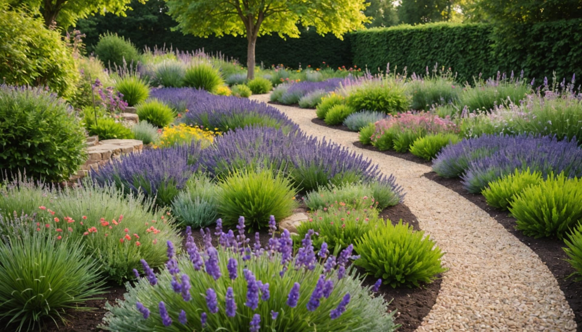 Jardin résilient avec paillage, lavande et thym remplaçant la pelouse