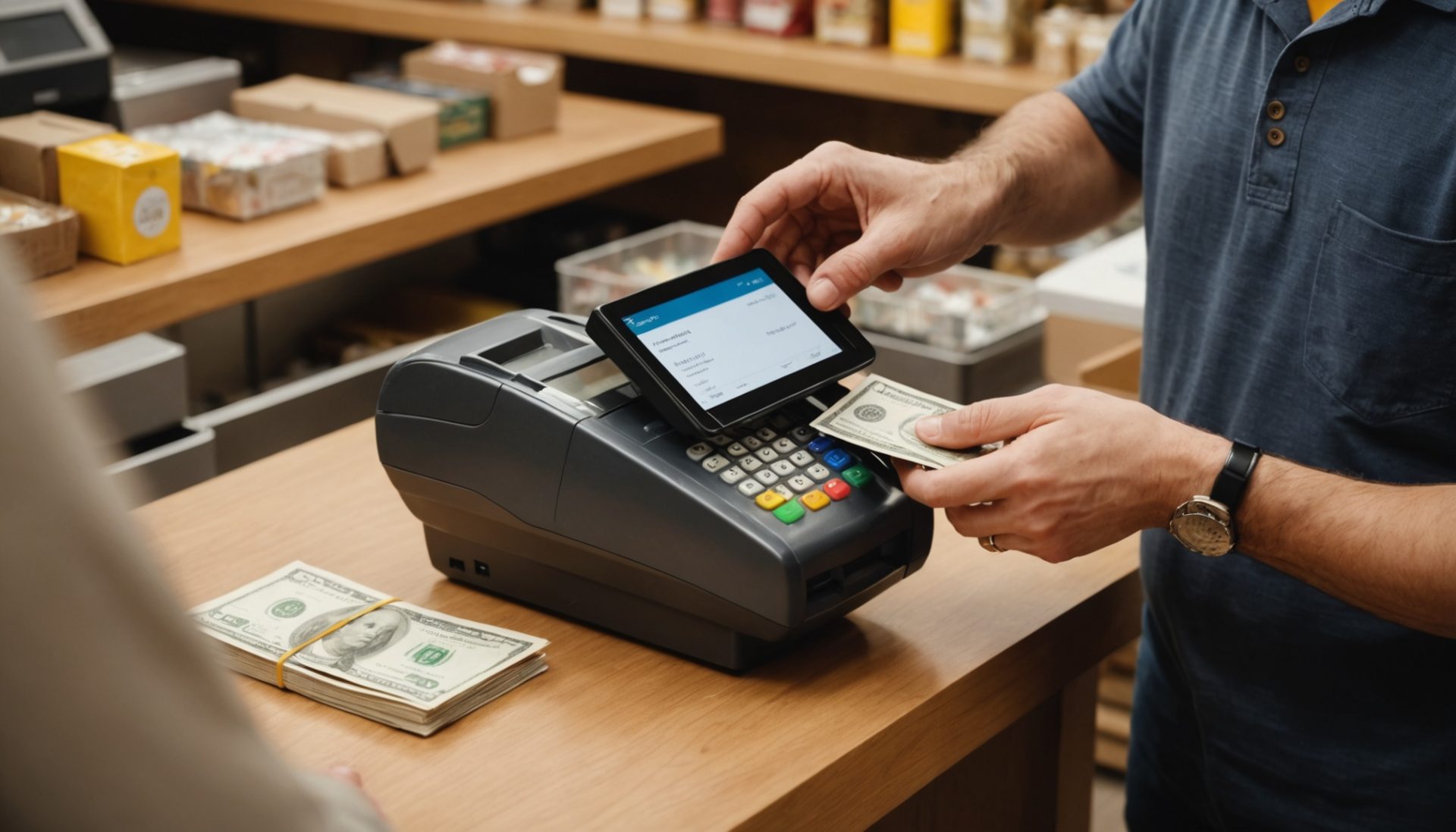 Client retirant des espèces en caisse lors d'un paiement par carte, service de cashback