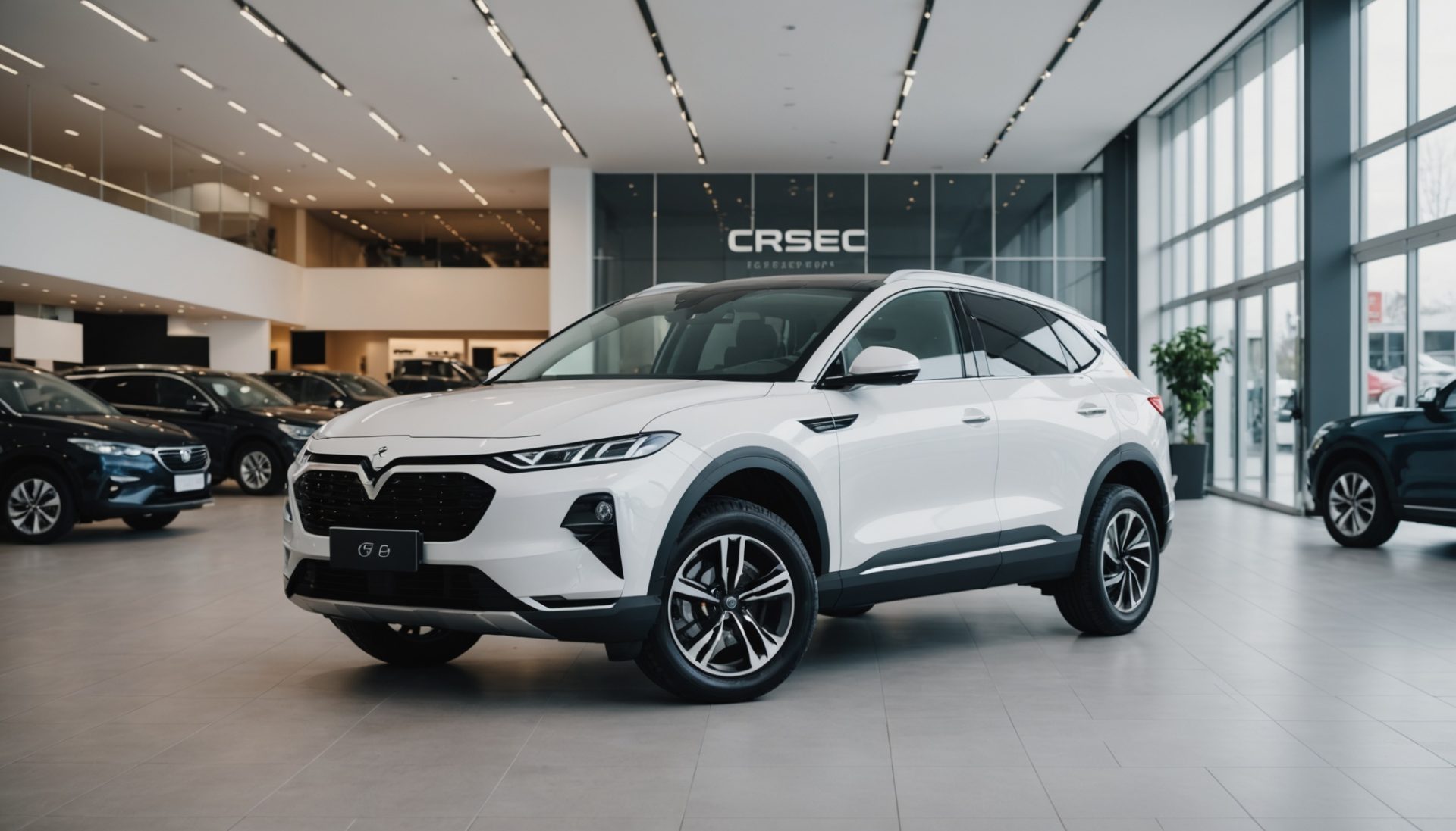 SUV électrique moderne exposé dans une concession automobile lumineuse