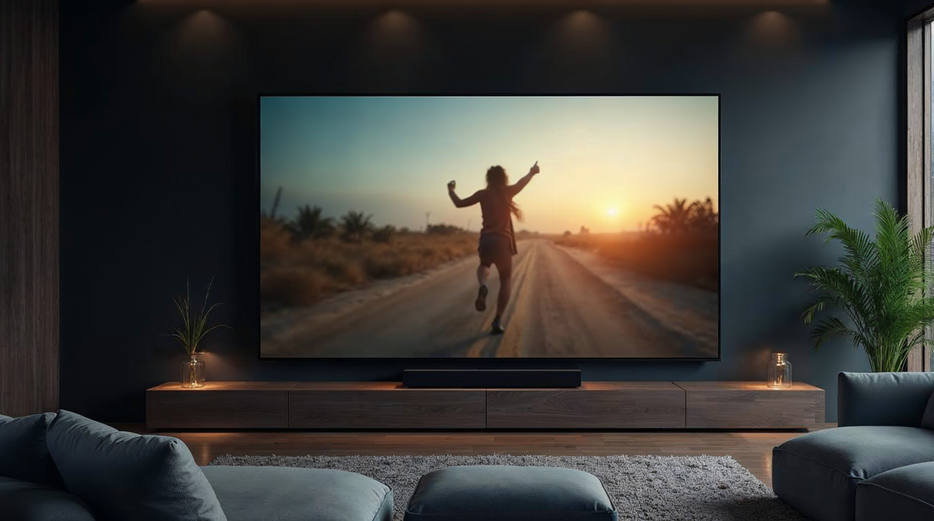 Grand televiseur 4K affichant une scene de film floutee