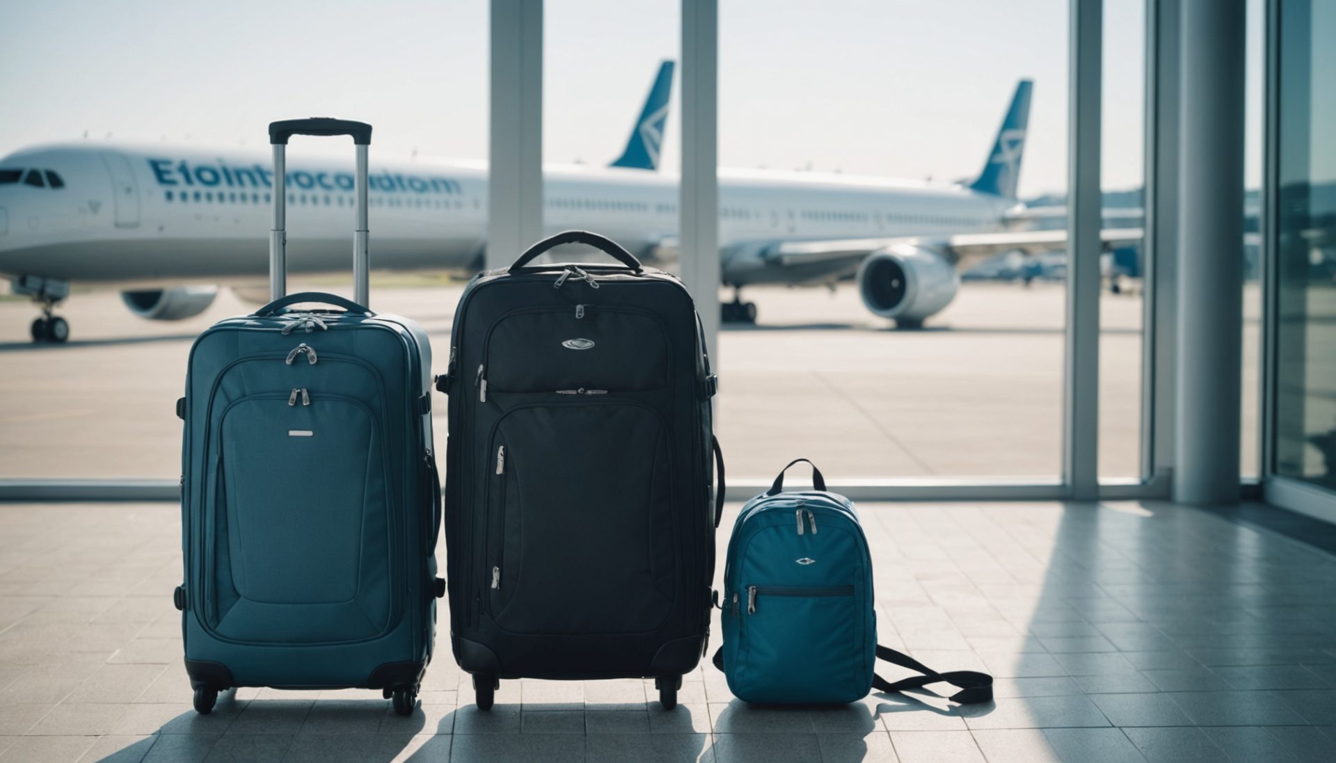 Valise cabine et petit sac à dos posés près d'une porte d'embarquement dans un aéroport