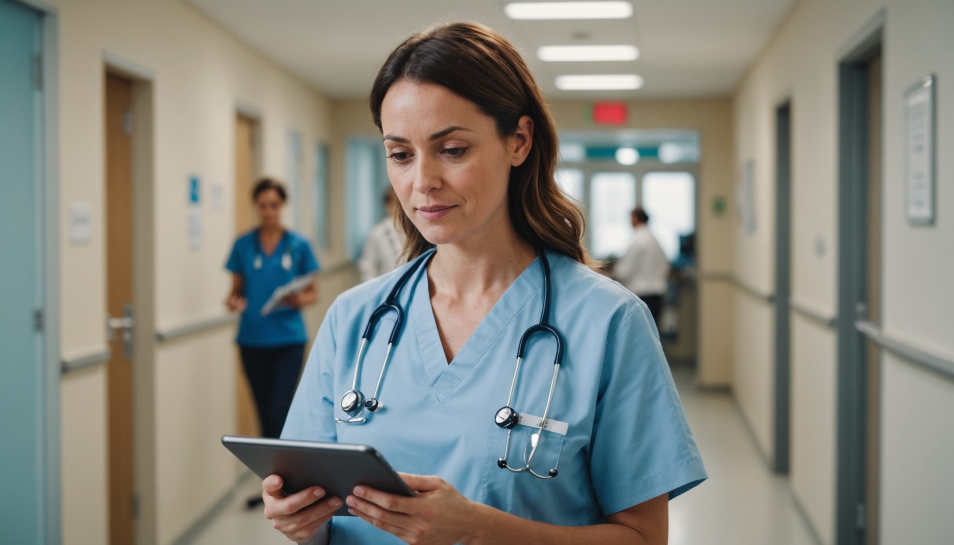 Infirmière en consultation avec une tablette dans un couloir d'hôpital