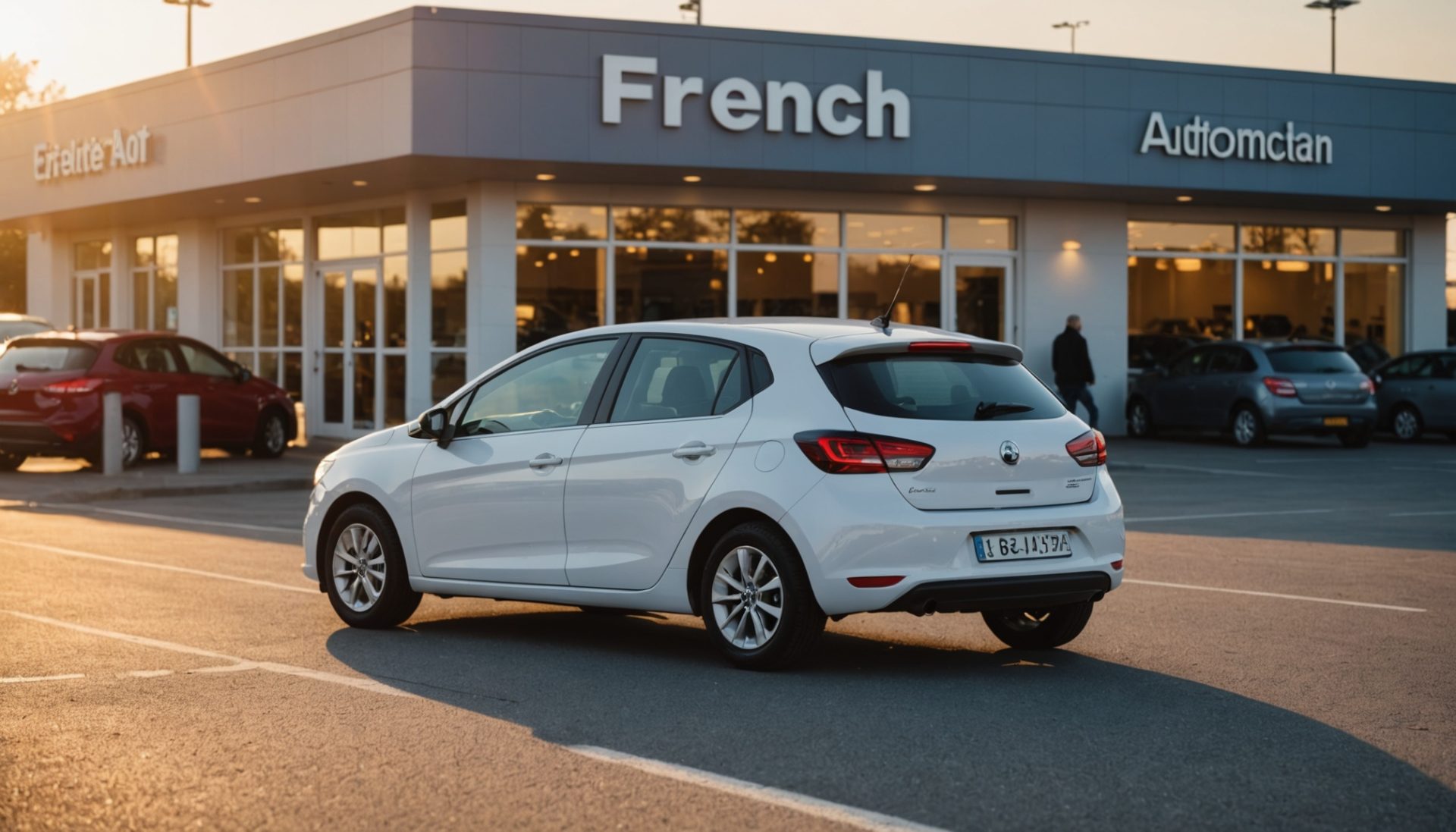 Citadine abordable garée devant une concession automobile en France au coucher du soleil
