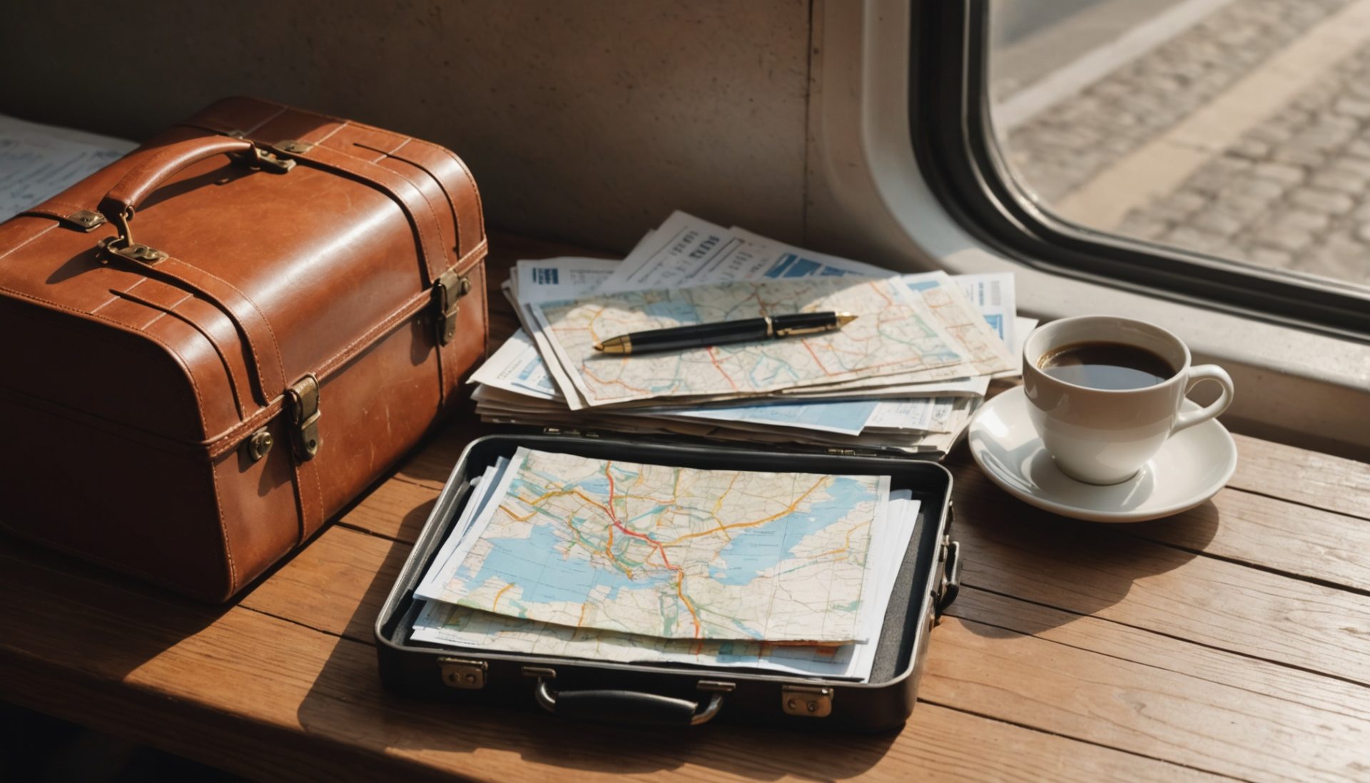 Petite valise, billet de train et carte pliée sur une table en bois pour préparer un week-end pas cher