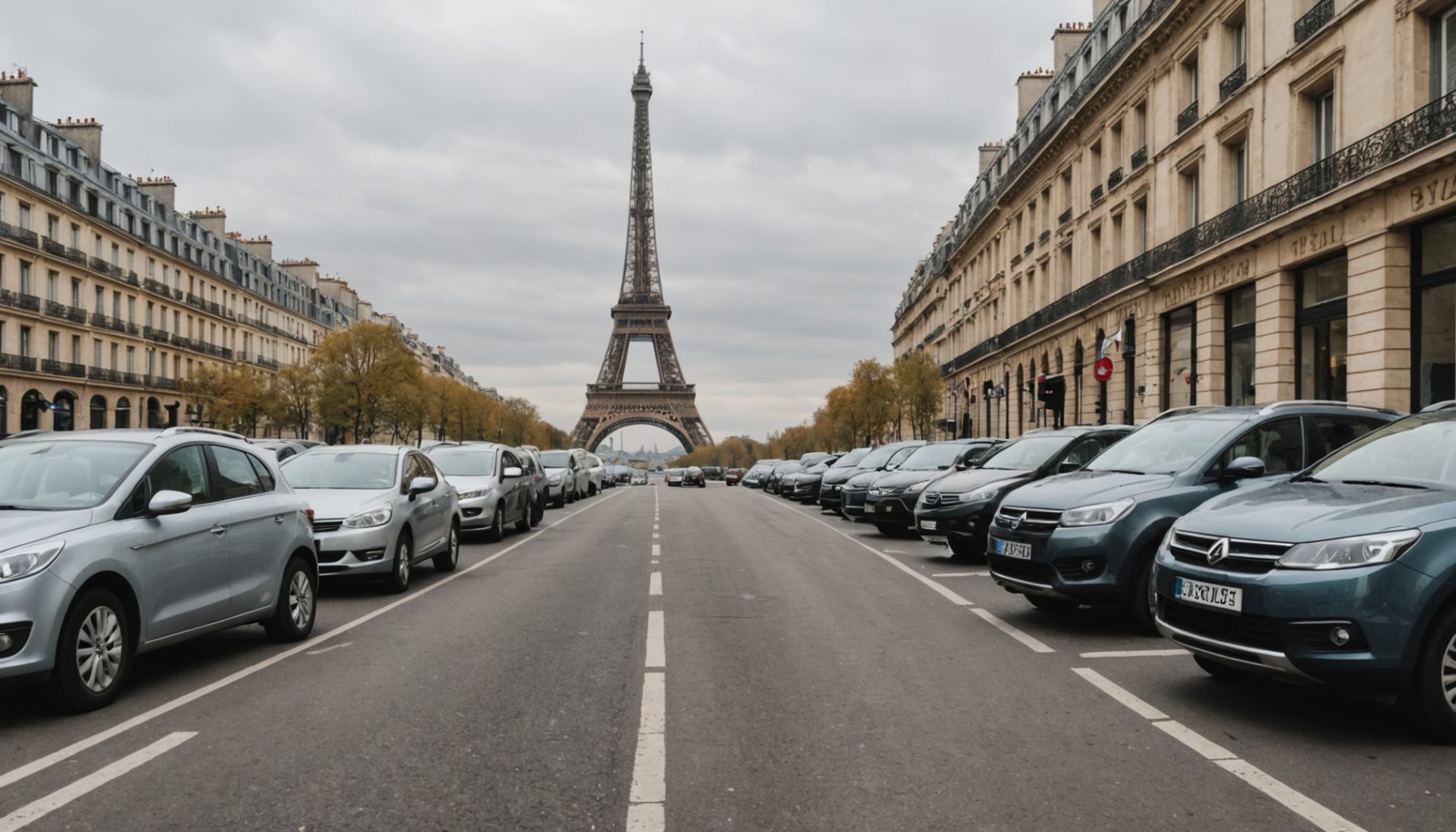 Voitures d'occasion garées dans une rue de Paris avec la Tour Eiffel en arrière-plan