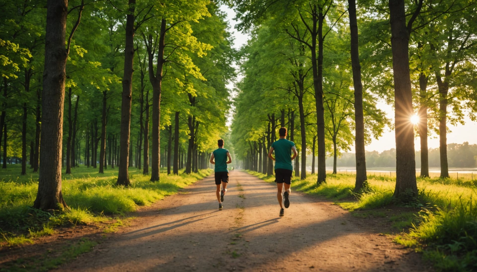 Personne faisant du jogging sur un chemin forestier en Île-de-France au lever du soleil