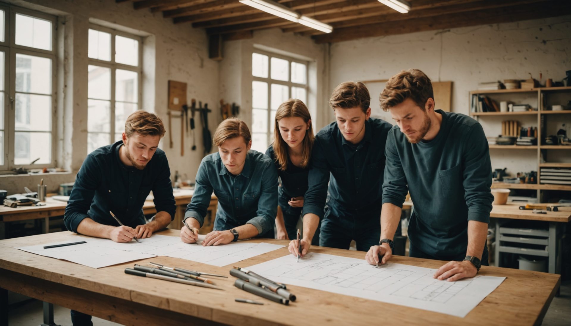 Jeunes apprentis et formateur dans un atelier professionnel en France