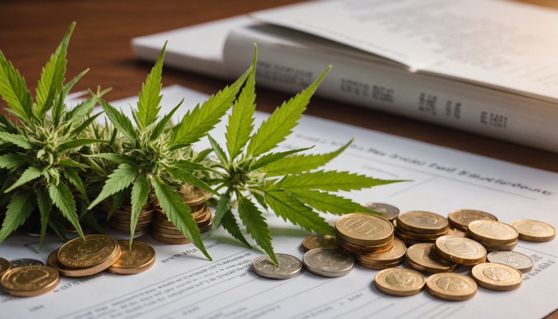 Feuilles et fleurs de chanvre CBD posées à côté de pièces de monnaie et de documents financiers