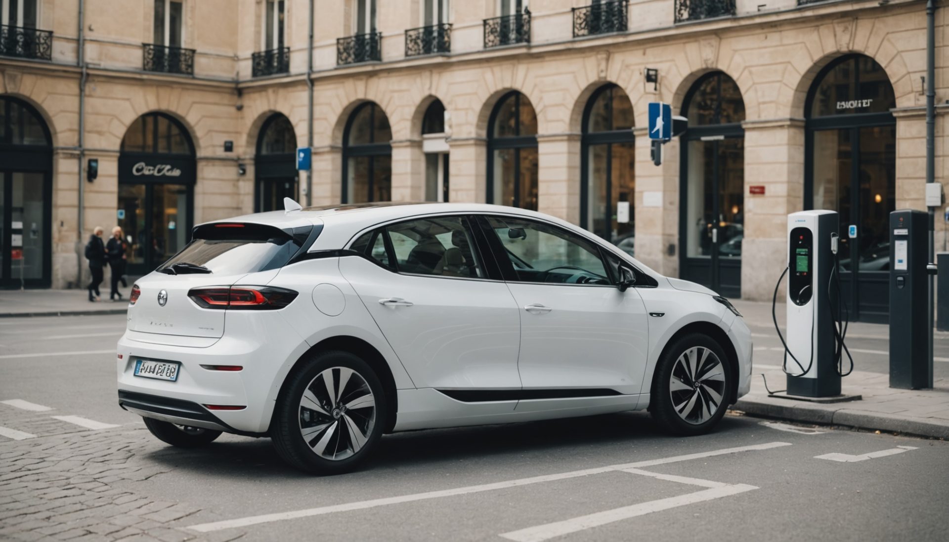 Voiture électrique branchée à une borne de recharge en ville