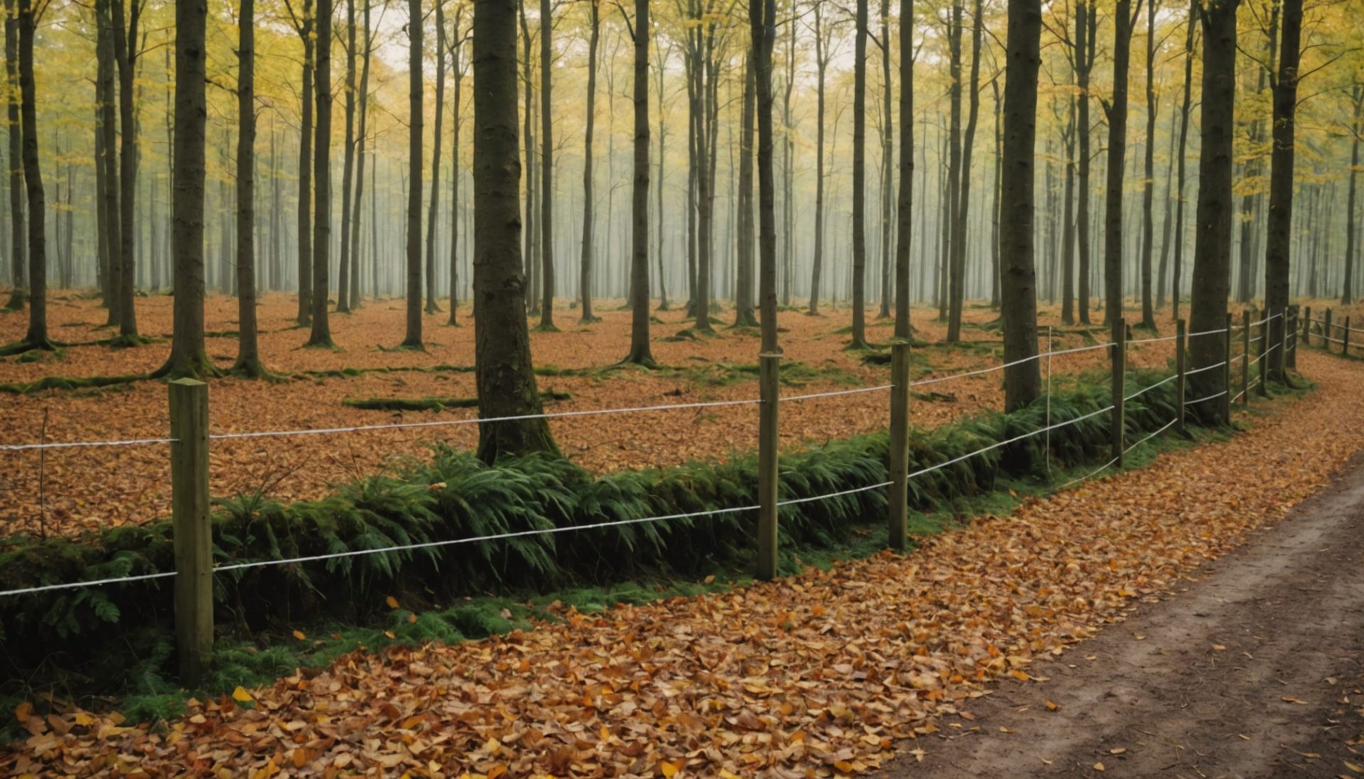 Illustration générée par IA d'une clôture basse en bois en lisière de forêt française, avec un espace libre au sol pour le passage de la faune, ne représente pas un lieu réel