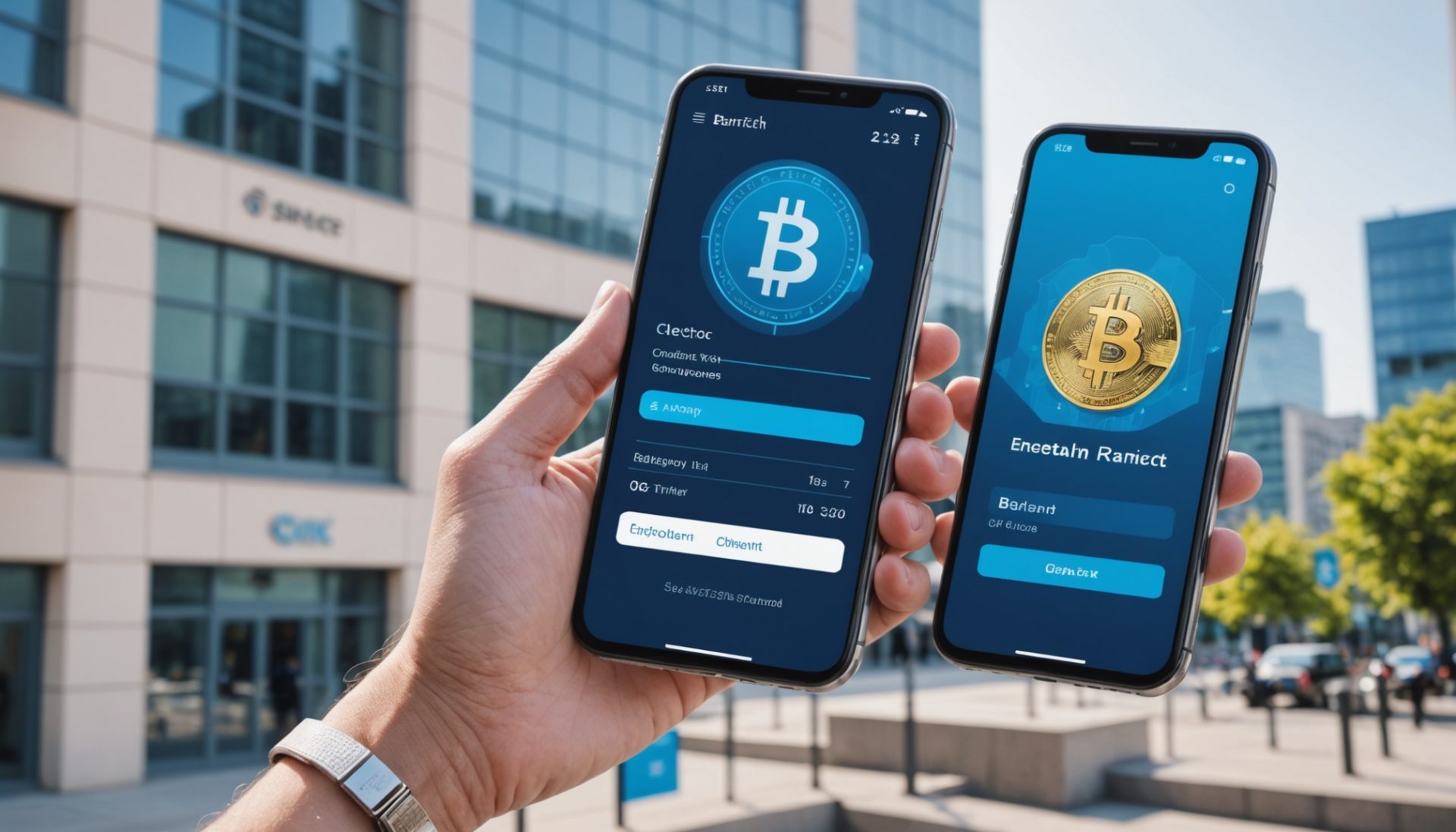 Illustration d'un smartphone affichant un graphique de cryptomonnaies à côté d'une carte bancaire