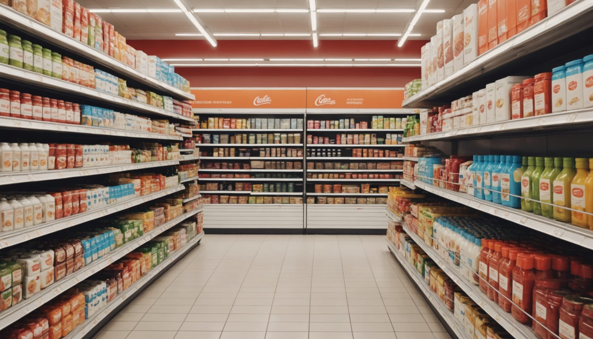 Illustration générée par IA d'un rayon réfrigéré de supermarché avec vérification d'étiquette, ne représente pas un magasin réel