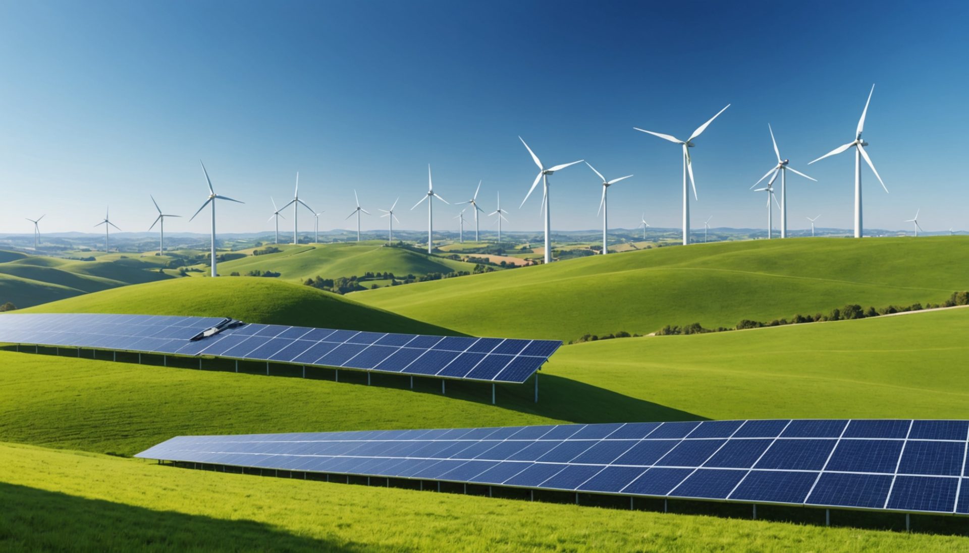 Illustration de collines vertes avec éoliennes et panneaux solaires symbolisant la baisse des émissions de CO2 en France