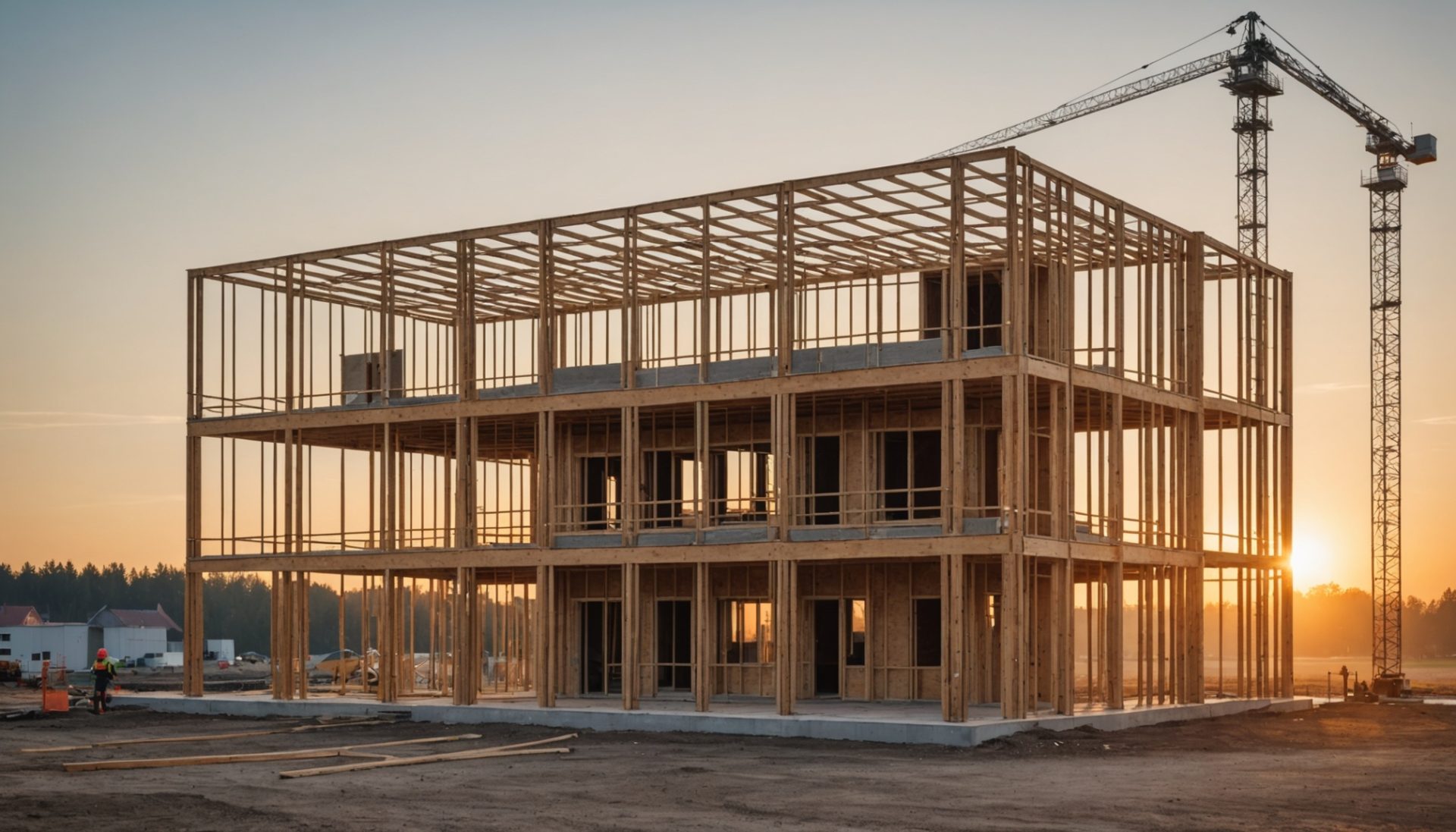 Chantier de construction d'une maison individuelle au lever du soleil